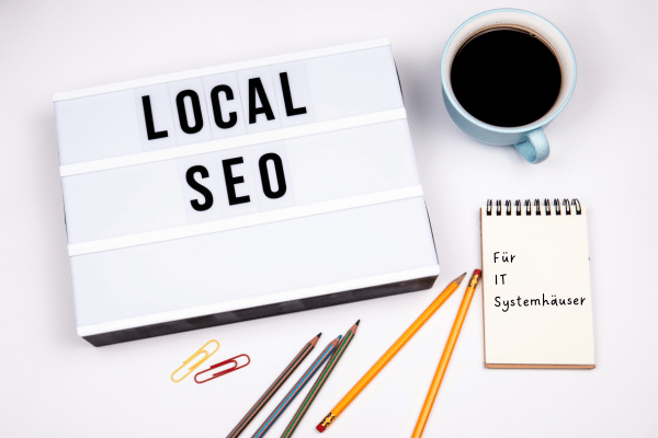 Zu sehen ist eine Tafel mit Local SEO und ein Notizblock mit der Aufschrift "Für IT-Systemhäuser"