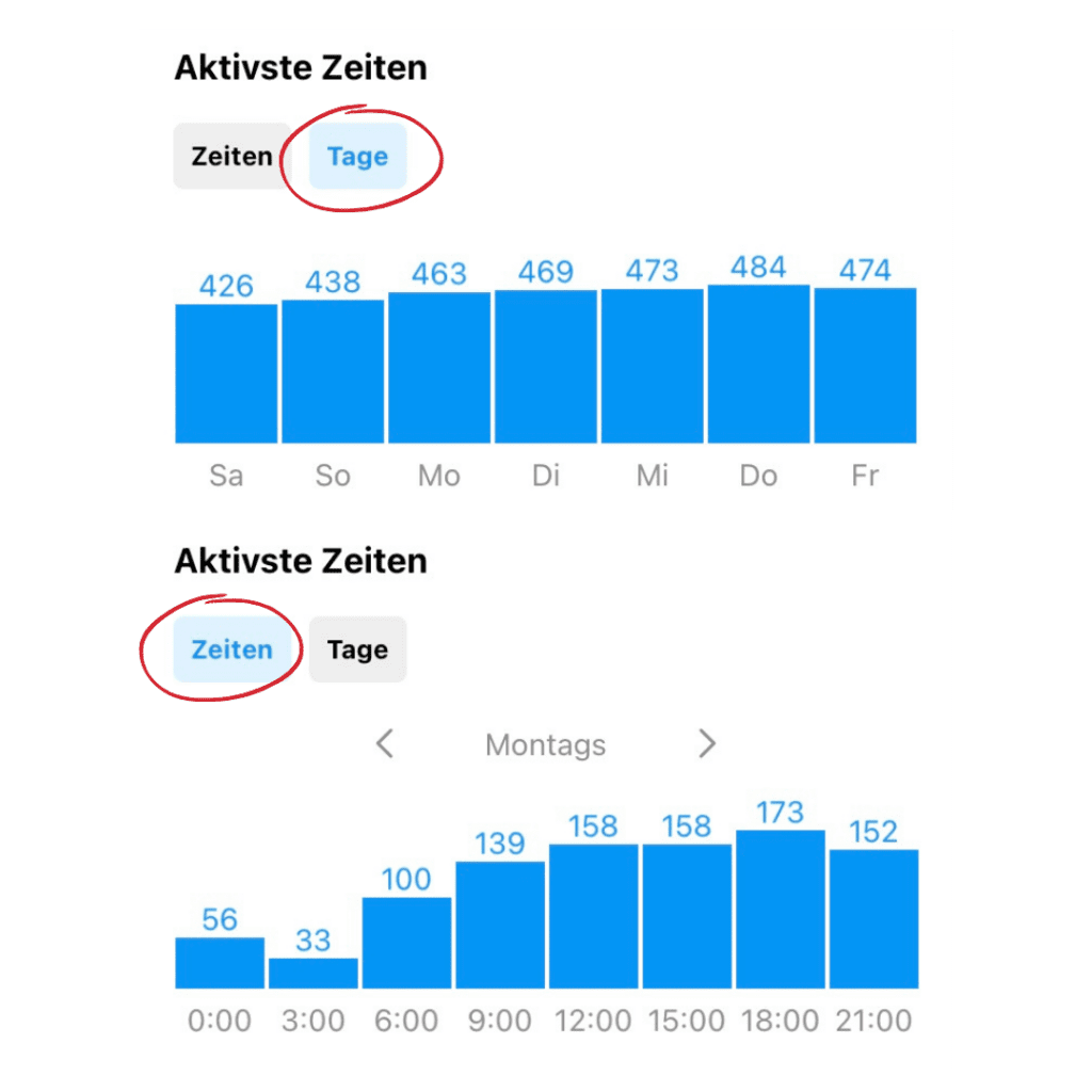 Screenshot der aktiven Zeiten und Tage der Zielgruppe auf Instagram