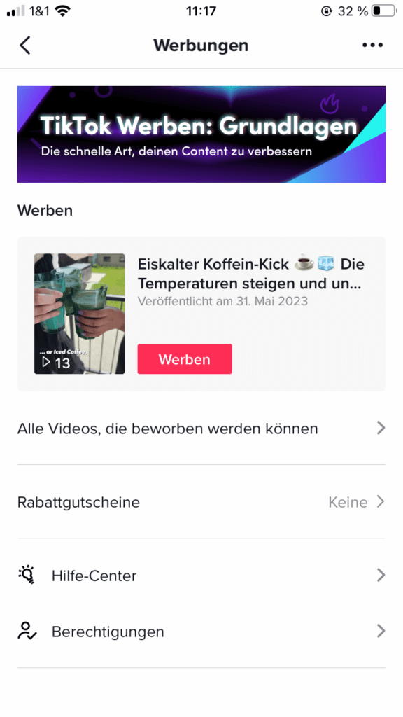 Zu sehen ist die Werbefunktion von Tik Tok.