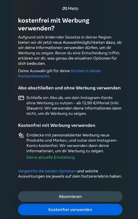 Dem User wird erklärt, dass er sich zwischen eine kostenfreie Nutzung mit Werbung und eine Abo ohne Werbung entscheiden muss.
