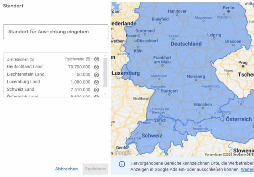 Einstellung der Standorte für die Reichweite der Keywords im Google Ads Keyword Planer