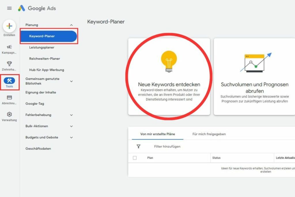 Hilfe zum Finden des Google Ads Keyword Planers