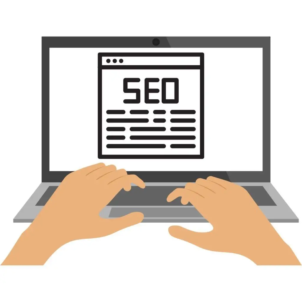 Zwei Hände tippen auf einem Laptop einen SEO-Text