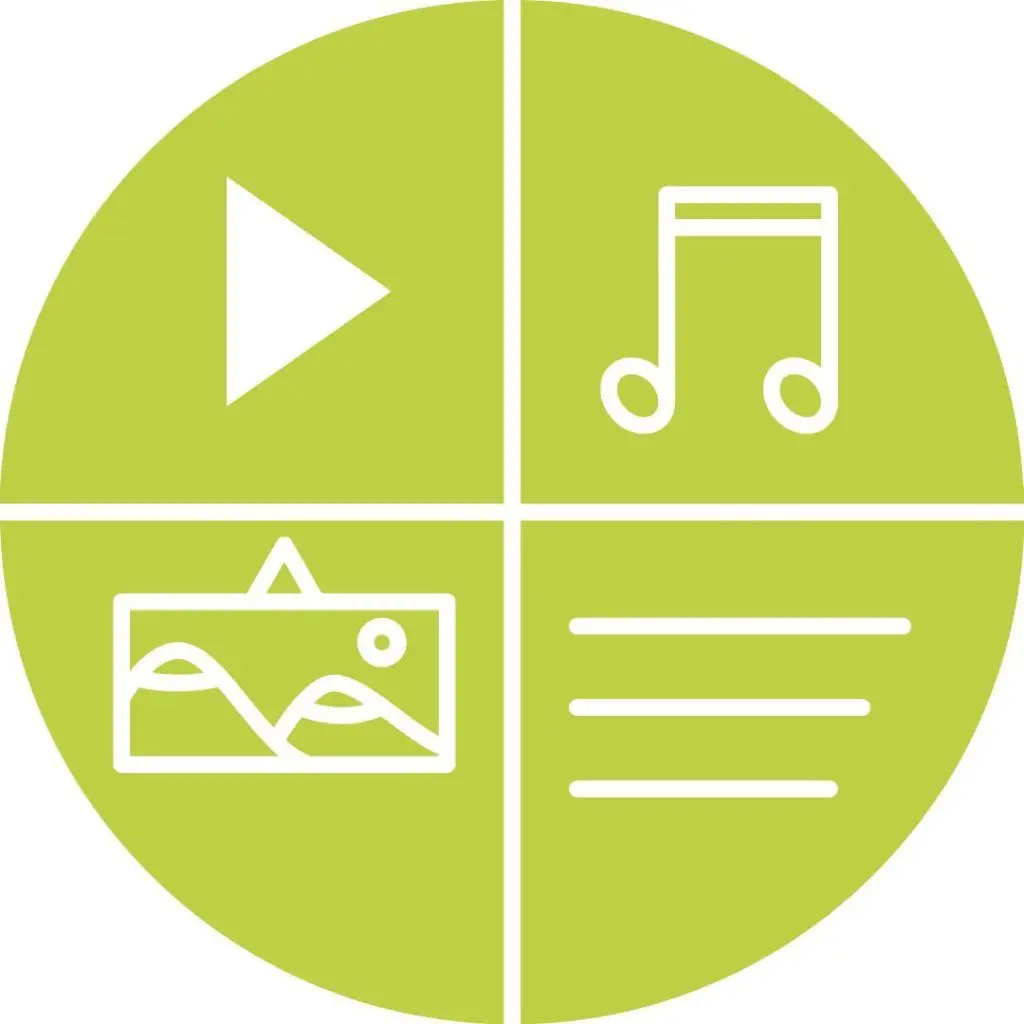 Video-, Audio-, Grafik- und Text-Icon in einem Kreis angeordnet, die eine Relevanz für SEO-Texte haben