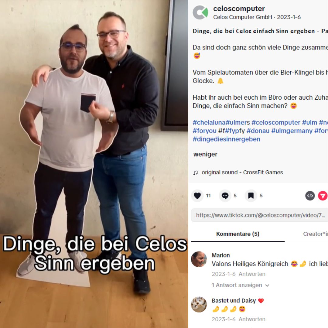 Zu sehen ist ein Screenshot eines Tiktoks von celos und die dazugehörigen Kommentare